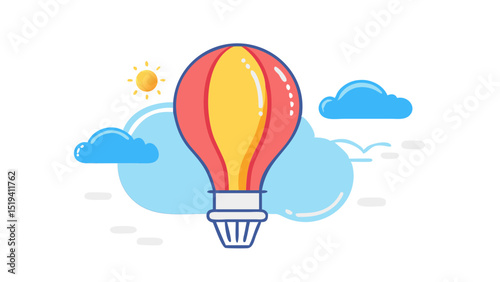 Colorful hot air balloon floating peacefully in a bright sky surrounded by fluffy clouds and a shining sun