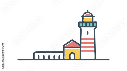 Colorful lighthouse and building illustration near the coast showcasing coastal architecture during the day