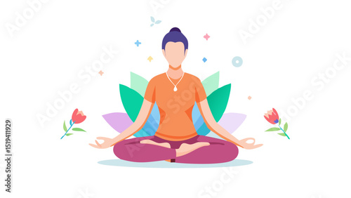 Serene yoga practitioner meditating surrounded by colorful flowers and leaves in a tranquil setting