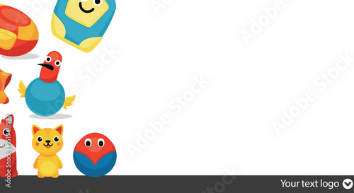 Colorful cartoon toys arranged on the left with space for text on the right  