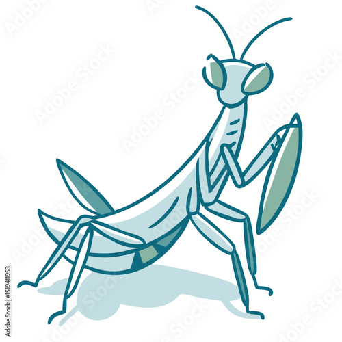 Colorful cartoon praying mantis sitting on a green leaf in a sunny garden during the day