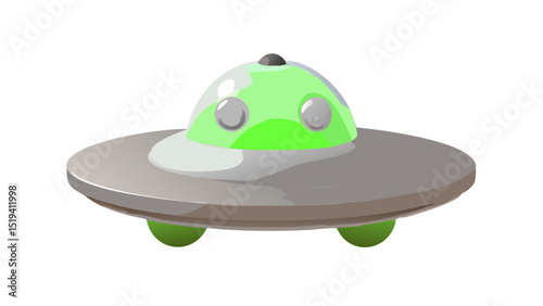 Cartoon ufo with a green dome sitting on a silver platform in a fun and playful style