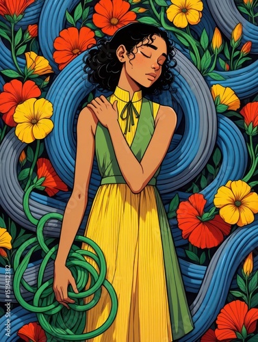 Thoughtful woman with curly black hair in a yellow and green dress holding green garden hoses surrounded by vibrant orange and yellow flowers and blue flowing shapes