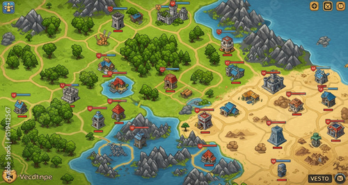 Fantasy Game World Map - Strategic Medieval Land with Towns, Forests, and Mountains | Illustrated Cartography for Game Design and Development