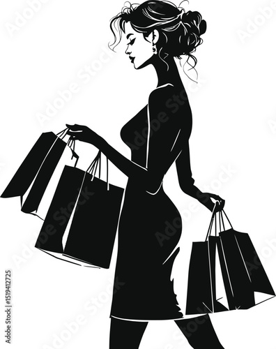 Chic Shopper Elegant Woman Silhouette with Bags - Perfect for Fashion, Retail, Lifestyle, and Shopping Designs

