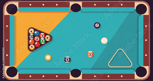 Cartoon Billiard Table with Balls and Rack | Top-Down View of Pool Game Illustration for Recreation, Sports, and Design Projects