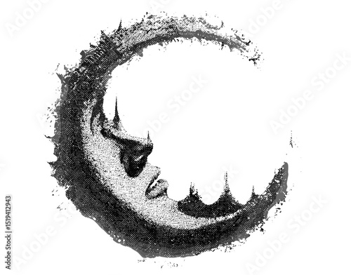 Creepy Halloween collage element with vintage stippling photocopy effect, psychedelic surreal poster, retro vector illustration, experimental grunge dotted texture, spooky abstract art.
