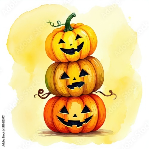 Three stacked pumpkins with carved smiling faces and curly vines on a light yellow watercolor background, festive and cheerful Halloween decoration
