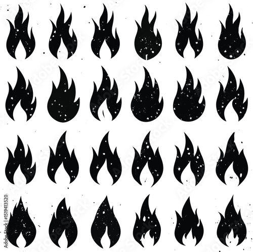 Collection of Black and White Distressed Flame Icons on White Background