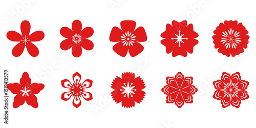Set of chinese oriental flower decoration. Oriental flower for lunar new year, chinese decorative element. Vector isolated.