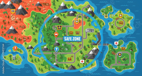 Cartoon Island Map with Safe Zone | Game Design Layout Illustration for Strategy and Adventure Games
