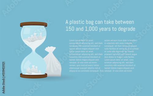 Plastic bags taking years to degrade inside hourglass representing environmental pollution