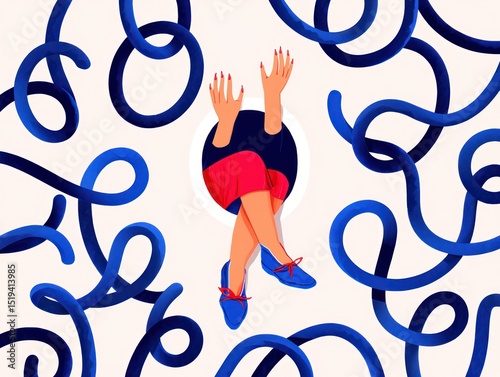 Person with red skirt and blue shoes emerging through a circular hole surrounded by swirling blue ribbons or loops on a light background, conveying a sense of curiosity and emergence