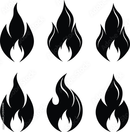 Collection of Six Stylized Black and White Flame Icons on White Background