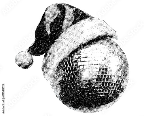 Disco ball in Santa hat vintage stippled photocopy texture, New Year's Eve party retro graphic collage element, festive celebration design, vector illustration.