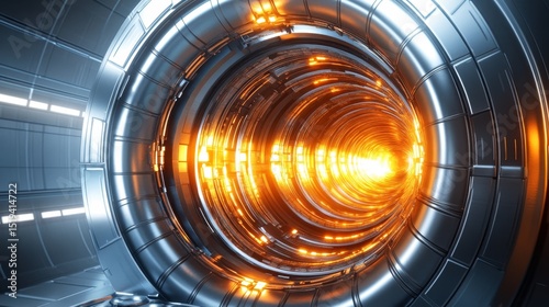 Futuristic torus-shaped steel machinery inside a reactor for advanced thermonuclear energy research. photo
