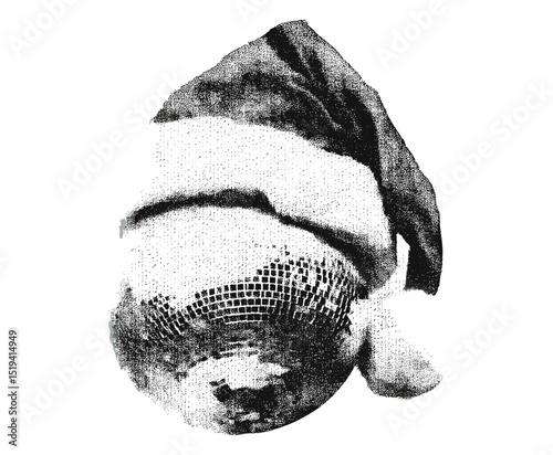 Retro disco ball Santa hat design, vintage stippled photocopy texture, New Year's Eve party graphic collage, holiday celebration icon, festive decor theme, vector illustration.