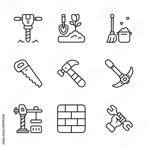 Labor icons in minimal style showing tools, workers, and industrial items