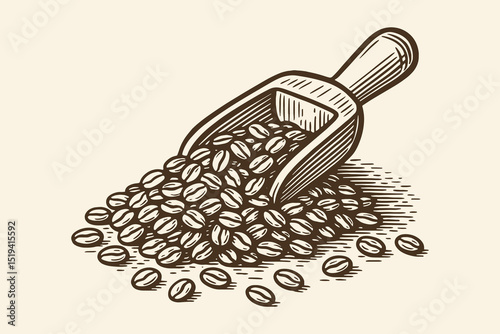Coffee beans in scoop engraving vector illustration