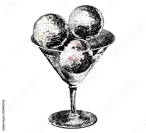 Martini glass with disco ball, vintage stippled photocopy texture, retro New Year's Eve party collage element, classic celebration design, nightlife theme, vector illustration.