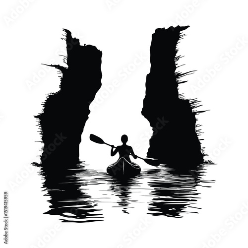 A person canoeing through a narrow river simple minimal silhouette