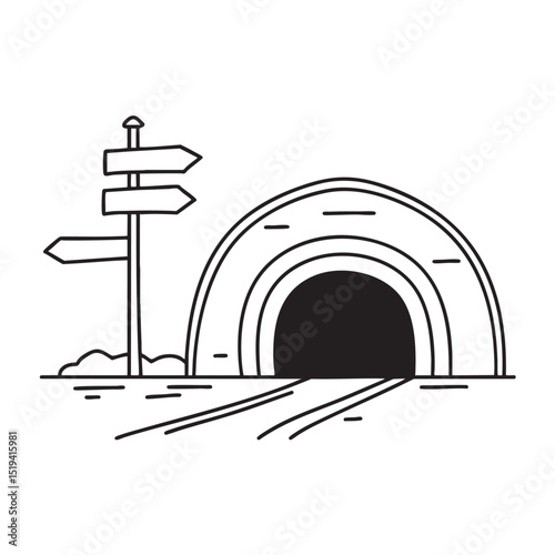 A tunnel beside a multi-arrow signpost