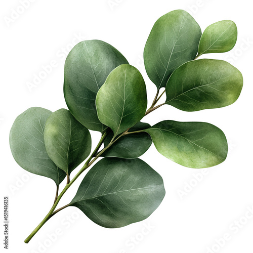 A watercolor illustration of single eucalyptus leaf isolated on a transparent background
