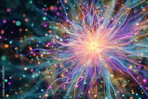 Abstract colorful illustration of glowing energy with vibrant light trails and particles
