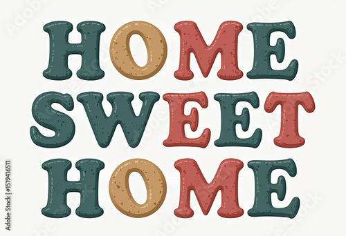 Embrace the warmth of home with textured 'HOME SWEET HOME' block lettering in earthy, muted tones, perfect for rustic decor, inviting wall art, or cozy digital designs and welcoming interiors.
