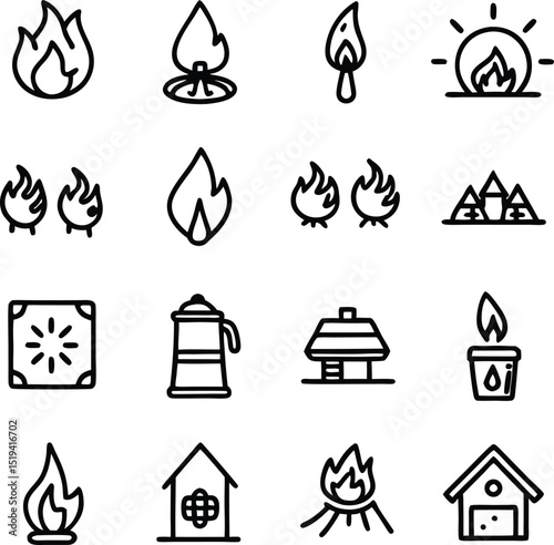 Collection of Black and White Camping and Nature Themed Outline Icons