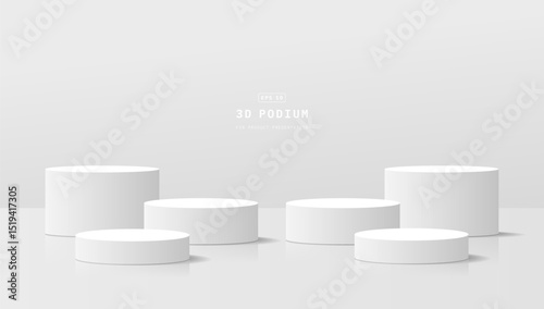 Empty clean studio room with five realistic white 3d cylinder podium pedestal for product display stand. Minimal scene for cosmetic mockup. 3d vector geometric platform. 3d stage vector rendering.