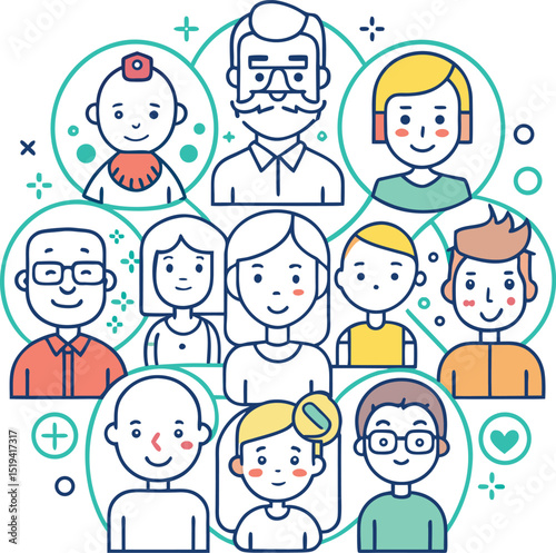 Diverse Group of People Icons in Circles with Teal Accents