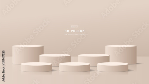 Empty clean studio room with seven realistic cream 3d cylinder podium pedestal for product display stand. Minimal scene for cosmetic mockup. 3d vector geometric platform. 3d stage vector rendering.