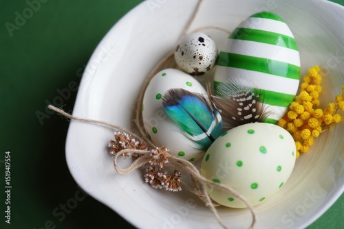 White bowl containing decorated Easter eggs with green stripes and polka dots, small speckled egg, colorful feathers, and yellow dried flowers, evoking a festive spring mood