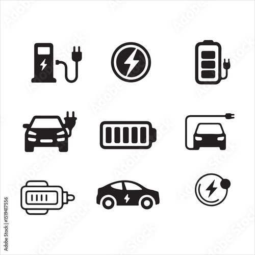 A set of black silhouette icons depicting various aspects of electric vehicle charging vector art on white background