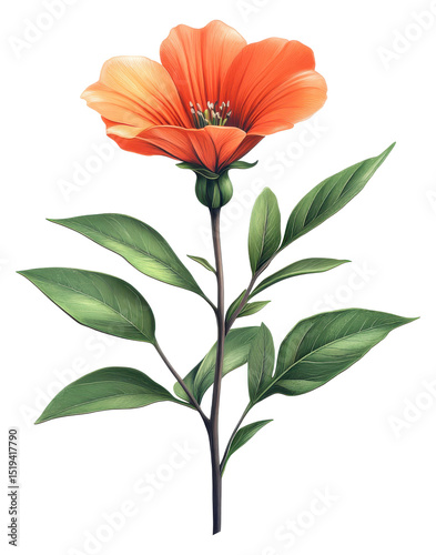 Single Orange Flower with Green Leaves on Transparent PNG Image
