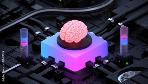 Glowing human brain model mounted on a futuristic illuminated platform surrounded by interconnected cables and high-tech components in a dark setting