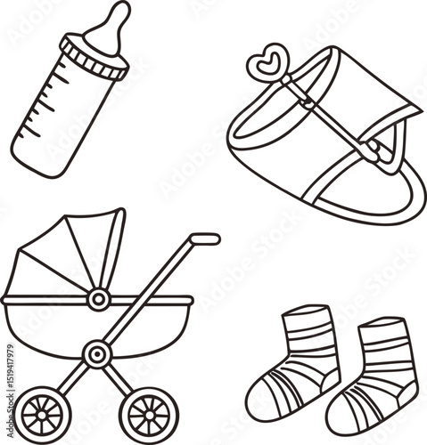 Outlined Baby Essentials Bottle Diaper Bag Stroller and Socks for Newborns