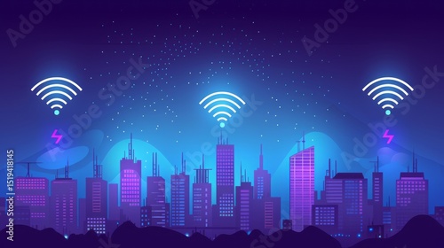 Smart City Night Skyline Wireless Network Technology Futuristic Urban Landscape Digital Illustration Modern Cityscape Powerful Wireless Signal Neon Cityscape Vibrant Night View Beautiful City at Night