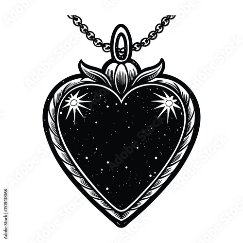Heart-shaped pendant necklace in halftone stipple effect. Retro photocopy texture with grunge and punk rock aesthetics. Vector illustration for nostalgic and gothic-themed designs