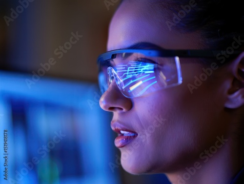 Close-up of a woman wearing augmented reality glasses with blue digital interface reflected on the lenses, showing focus and engagement