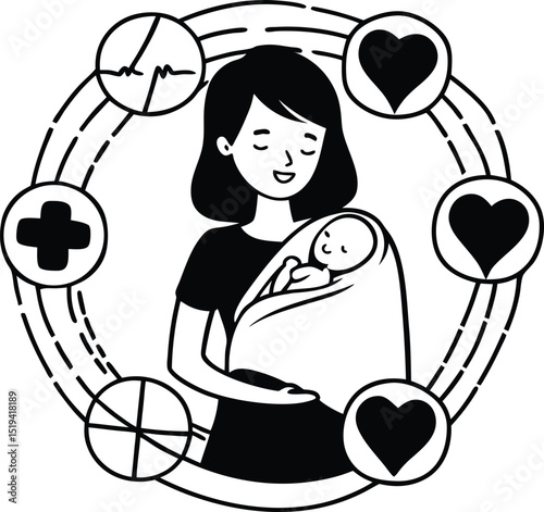 Mother Holding Baby with Medical and Health Symbols in a Circle