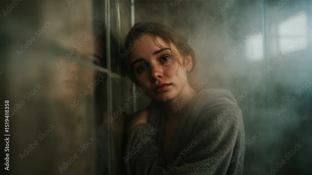 Young woman with contemplative expression in a misty bathroom setting, evoking emotions of solitude and reflection Young woman with contemplative expression in a misty bathroom setting, evoking emotions of solitude and reflection
