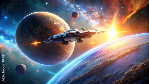 3D Spaceship Orbiting Glowing Planet with Stars and Nebulae in Cinematic Space Scene photo
