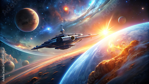 3D Spaceship Orbiting Glowing Planet with Stars and Nebulae in Cinematic Space Scene photo
