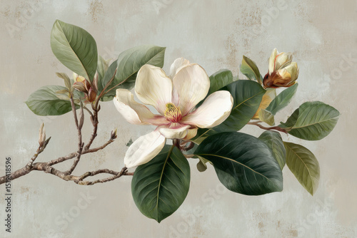 Beautiful magnolia flower illustration with delicate petals and lush green leaves on a textured background