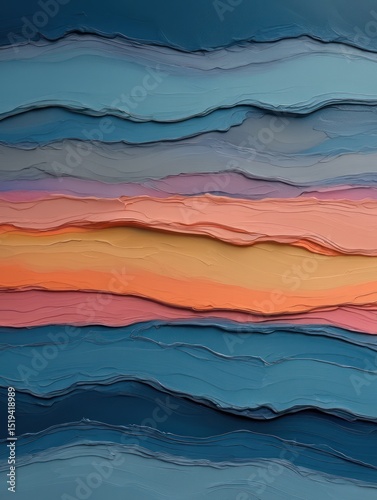Abstract horizontal layers of textured paint in shades of blue, peach, orange, and pink creating a serene and harmonious composition