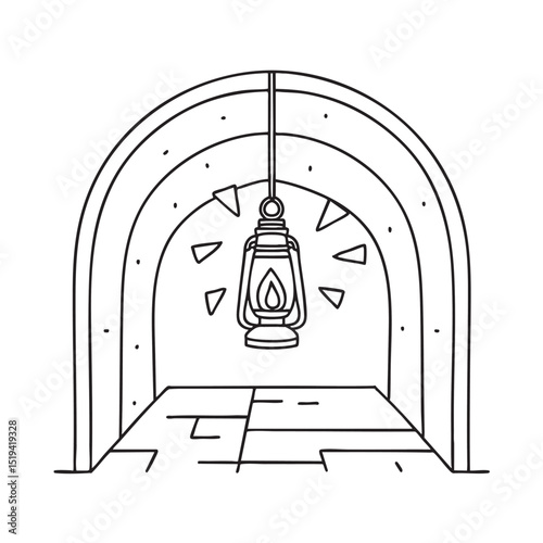 A tunnel with a cracked lantern fixed on the wall