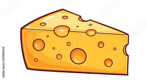 Delicious slice of cartoon cheese with holes in bright yellow color isolated on white background.