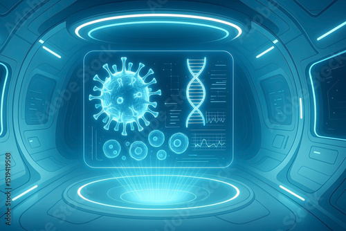 Futuristic laboratory displaying covid19 virus dna analysis and scientific medical research in glowing blue digital interface